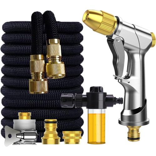 Tuyau D'arrosage Extensible 50ft / 15m, Tuyau Arrosage Universel Avec 5 Fonction Pistolet, Raccords En Laiton, Tuyau D`Eau Pour Jardin Nettoyage Lavage De Voiture Et Douches Des Animaux.[U72]