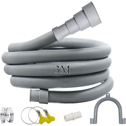 Tuyau de Vidange Universel 1 M/2 M/3 M Pour Machines  Laver,SChe-Linge,Tuyau de Vidange,Lave-Vaisselle avec 1 Adaptateur,4 Colliers de Serrage,1 Support de Tuyau En U (3M)