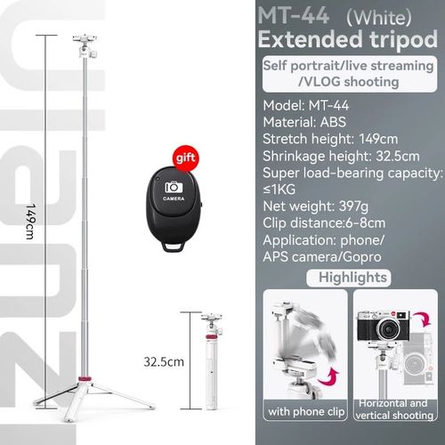 Ulanzi MT-44 Extend Live Stream Trpied de 42 pouces avec support de montage pour tlphone Prise de vue verticale pour tlphone DSlR Trpieds pour appareil photo - Type MT-44 White