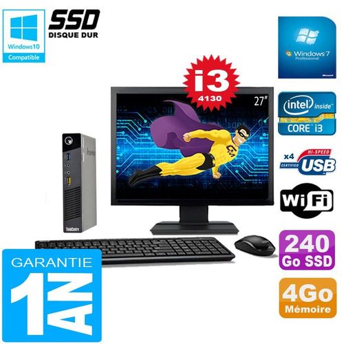 Ultra Mini PC Lenovo M73 USFF Tiny Core I3-4130 4Go 240Go SSD Wifi W7 Ecran 27
