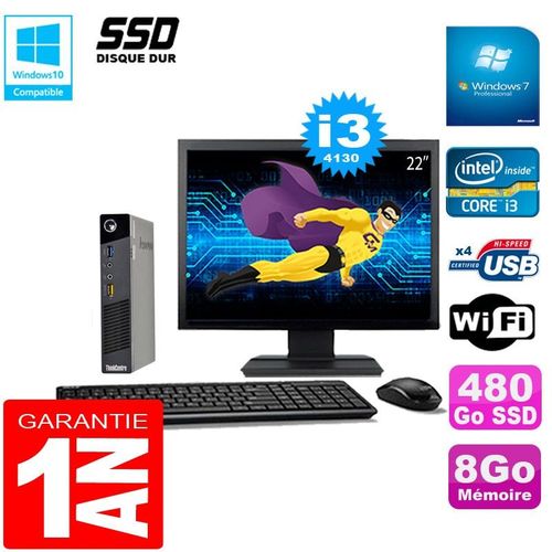 Ultra Mini PC Lenovo M73 USFF Tiny Core I3-4130 8Go 480Go SSD Wifi W7 Ecran 22