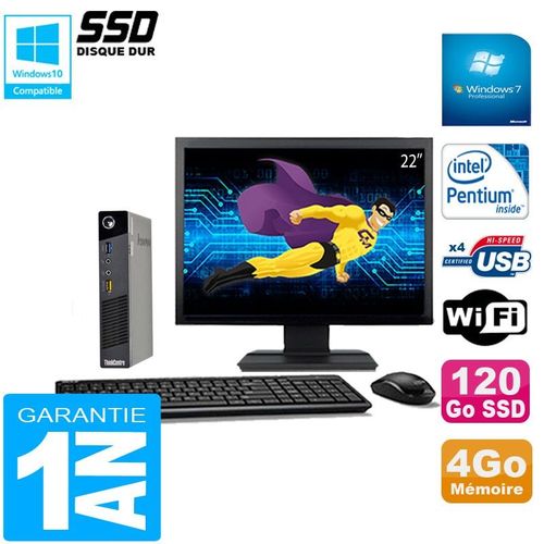 Ultra Mini PC Lenovo M73 USFF Tiny G3250T 4Go 120Go SSD Wifi W7 Ecran 22