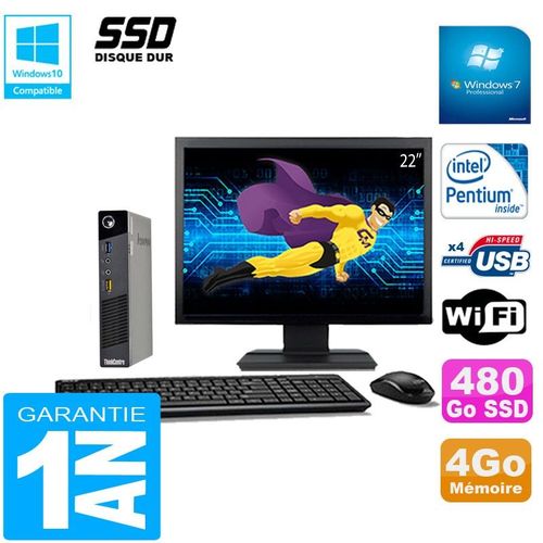 Ultra Mini PC Lenovo M73 USFF Tiny G3250T 4Go Disque 480Go SSD Wifi W7 Ecran 22