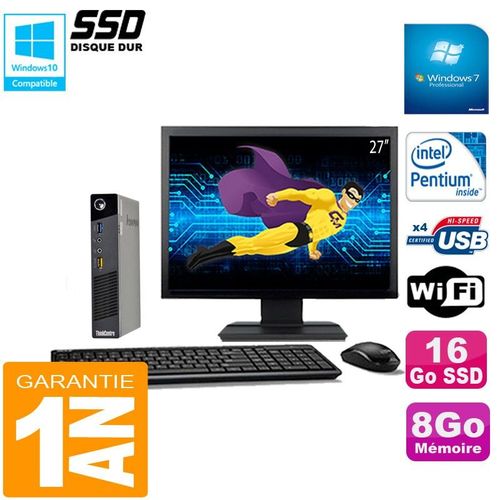 Ultra Mini PC Lenovo M73 USFF Tiny G3250T 8Go Disque 16Go SSD Wifi W7 Ecran 27