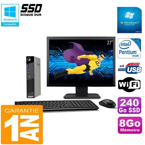 Ultra Mini PC Lenovo M73 USFF Tiny G3250T 8Go Disque 240Go SSD Wifi W7 Ecran 27