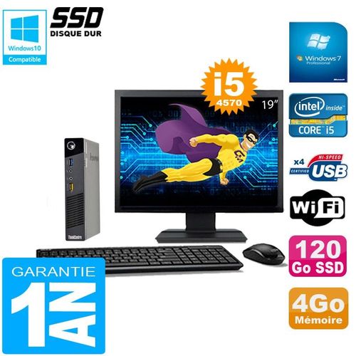 Ultra Mini PC Lenovo M73 USFF Tiny I5-4570 4Go 120Go SSD Wifi W7 Ecran 19