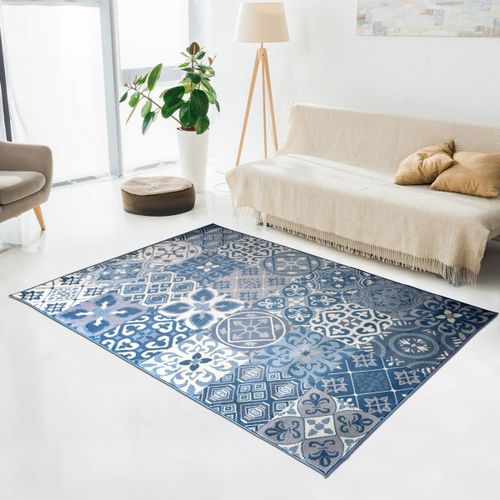 Tapis Chambre 60x110 Tiss Bleu Et Beige Rectangle Motif Oriental Af2 Tchimeto