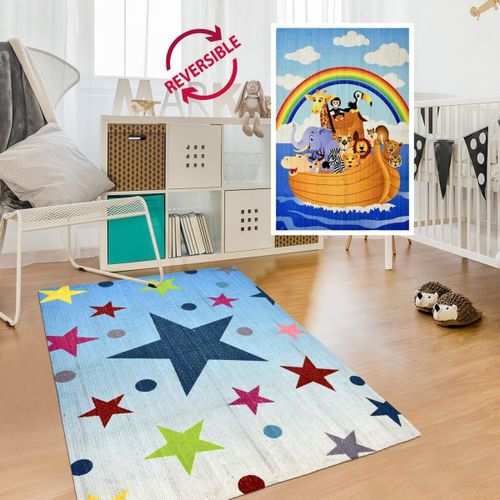 Tapis Enfant, Kilim Reversible 120x170 Fait  La Main Etoile Multicolore