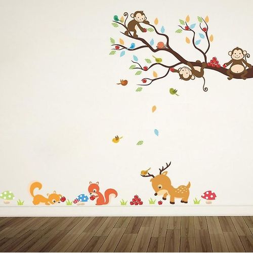 Un Ensemble De Stickers Muraux Singe Renard Oiseaux Cerf Champignon Arbre Stickers Muraux Pour Chambre D'enfant Bb Chambre D'enfant Salon.
