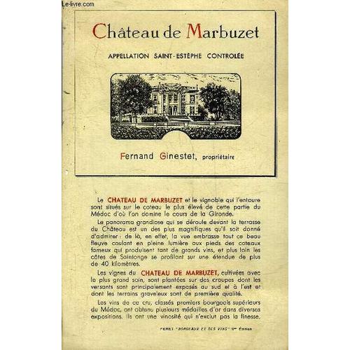 Une Publicite De Une Page Du Chateau De Marbuzet Appellation Saint Estephe Controlee Fernand Ginestet Proprietaire.   de COLLECTIF