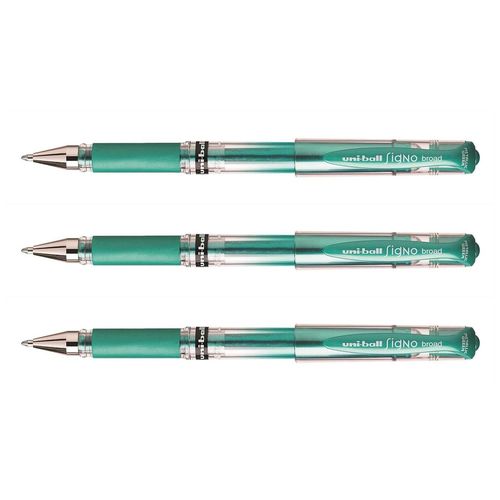 Uni-Ball Lot De 3 Rollers Encre Gel Signo Broad Um153 Grip Pointe Large 1mm Vert Mtal