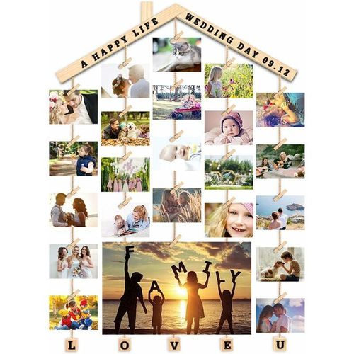 Uping Cadre Photo Pele Mele Mural Cadre Photo Mural En Bois Porte Photos Pinces, Avec Sticker Pour Personnalisation (Bois, 63cm 90cm) Goodnice
