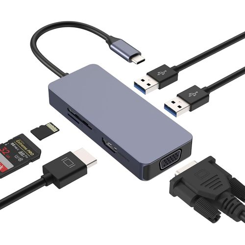 USB C, 6 en 1 USB C avec Sortie HDMI 4K, VGA, Lecteur de Carte SD/TF, 2 USB 3.0, Adaptateur USB C pour MacBook Pro/Air iPad Pro Dell Surface Pro 8/7 et Autres Types C Dispositif