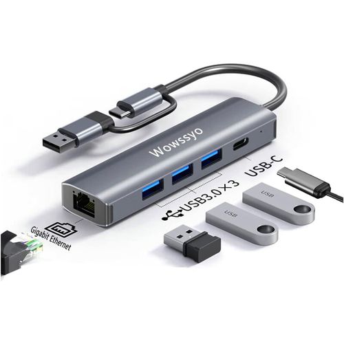 USB C Hub, Adaptateur USB C pour MacBook Pro/Air, Gigabit Ethernet, Port de donnes USB C, 3 x USB 3.0, multiport USB C pour PC, Ordinateur Portable, Smartphone et Tablette avec Fonction OTG