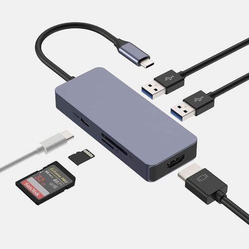 USB C HUB vers HDMI Adaptateur,6 in 1 Hub USB Type-C (2 * USB 3.0,HDMI,PD,SD/TF Slot) Compatible pour Surface/Dell/Lenovo/Samsung Compatible avec Windows 10,8,7,xP/Mac OS/Linux.[W252]
