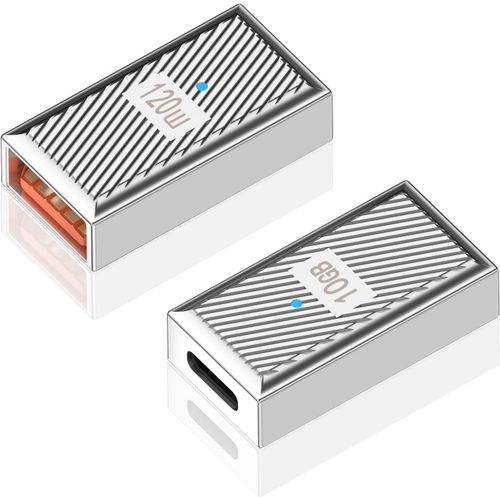 USB Female to USB C Female Adapter-2 Pack, USB to USB Connector,Zinc Alloy USB 3.1 Type C to USB Adapter, Adaptateur USB A vers USB C OTG 120W, 10 Gbps pour Ordinateur Portable, PC, Chargeur