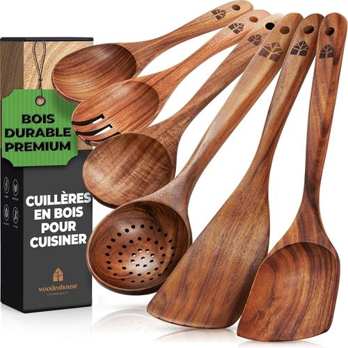 Ustensiles De Cuisine Bois-Set De Cuillres & Spatules En Bois Rsistantes  La Chaleur & Durables-Ensemble D'ustensiles Bois De Teck Facile  Nettoyer-Robustes & Anti-Rayures