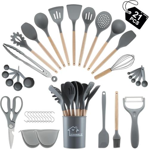 Ustensiles De Cuisine Gris 21p Set D'ustensiles De Cuisine 21 Pices, Ustensiles De Cuisine En Silicone Avec Spatule Et Porte-Ustensiles, Antiadhsifs, Rsistants  La Chaleur, Gadgets De Cuisine