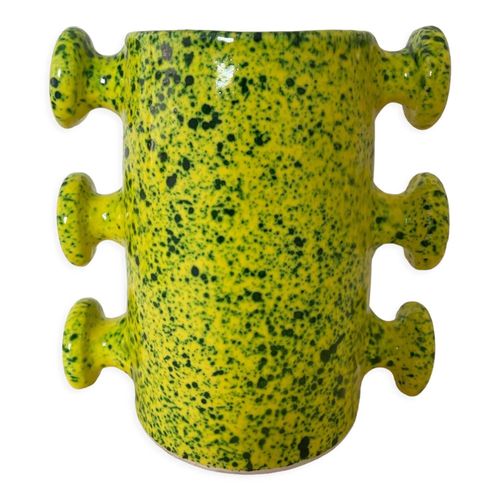 Vase En Cramique Jaune Mouchet Vert Anses Abstrait Fait Main Jaune