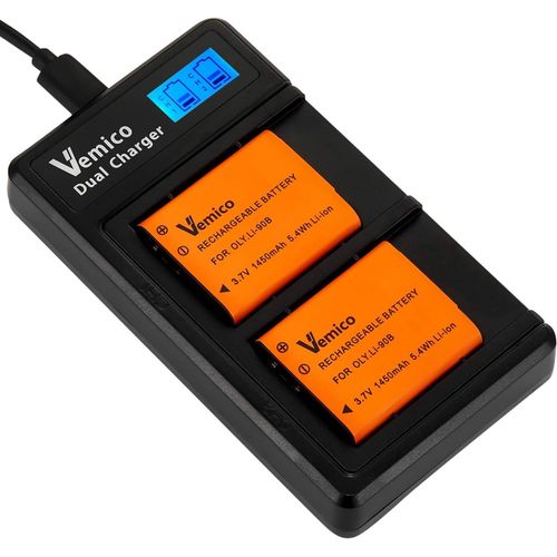 Vemico Li-90B Chargeur de Batterie Kit 2 x 1450 mAh Batterie de Remplacement LCD Type C USB pour LI-90B/ LI-92B/Stylus TG-1/TG-2/TG-3/TG-4/TG -5/TG-6 Tough/SH-1/SH-2/ SH-3/SH-50/SH-60/XZ-2