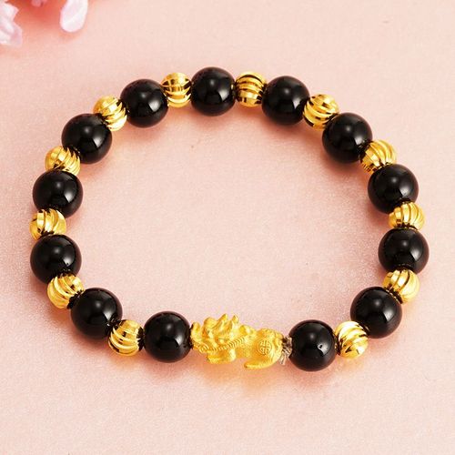Vritables Perles De Pierre D'obsidienne Noire Pour Hommes Et Femmes, Bracelet De Richesse De Bouddha, Bracelets Feng Shui, Document En Or 24 Carats, Bijoux  Porte De Main, 2020