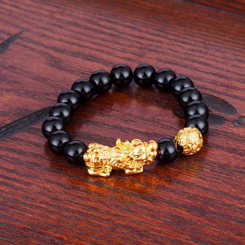 Vritables Perles De Pierre D'obsidienne Noire Pour Hommes Et Femmes, Bracelet De Richesse De Bouddha, Bracelets Feng Shui, Document En Or 24 Carats, Bijoux  Porte De Main, 2020