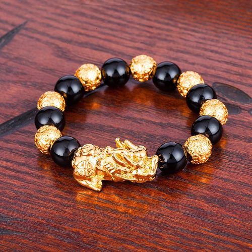 Vritables Perles De Pierre D'obsidienne Noire Pour Hommes Et Femmes, Bracelet De Richesse De Bouddha, Bracelets Feng Shui, Document En Or 24 Carats, Bijoux  Porte De Main, 2020