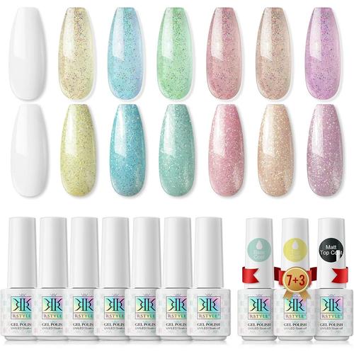 Vernis Semi Permanent, 10pcs Vernis  Ongles Vernis Semi Permanent Pastel Vernis Gel Uv Led Nail Polish Soak Off 7 Couleurs Manucure Nail Art Blanc Transparent