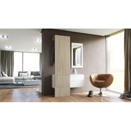 Vestiaire blanc mat et panneau Chêne brut MDF pour Meubles d'entrée