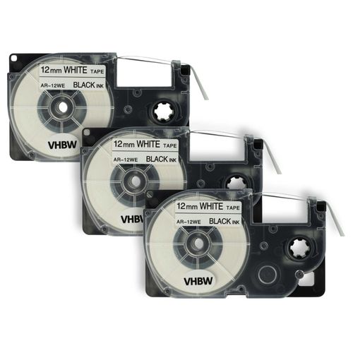 vhbw 3 x Cassette  ruban 12 mm pour Casio CW-L300, KL-100E, KL-120, KL-1500, KL-200E, KL-300. Remplace: Casio XR-12WE1, XR-12WE.
