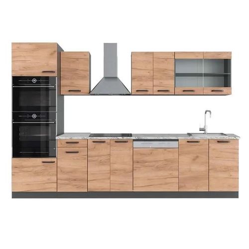 Vicco Cuisine R-Line, Chne Dor/Anthracite, 300 Cm Avec Armoire Haute, Pt Marbre