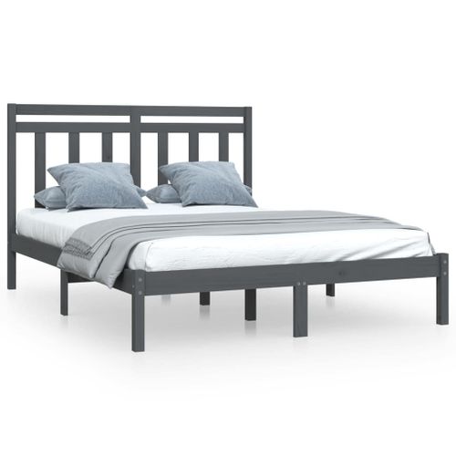 Vidaxl Cadre De Lit Gris Bois Massif 135x190 Cm Double