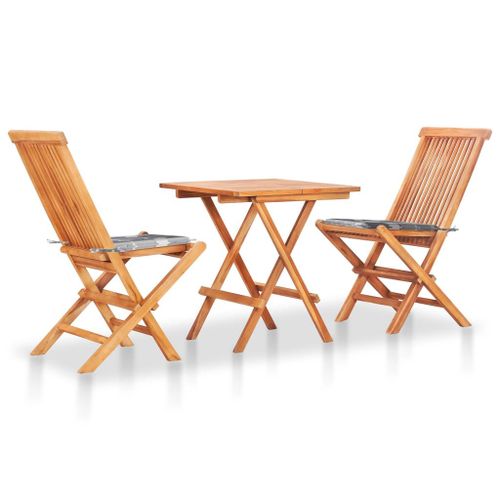 Vidaxl Ensemble De Bistro 3 Pcs Avec Coussins  Carreaux Gris Teck