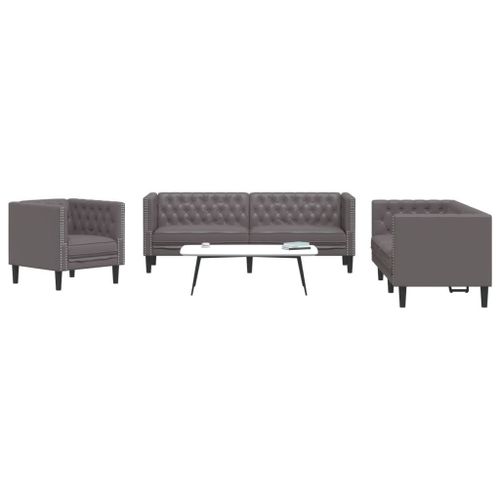 Vidaxl Ensemble De Canap Chesterfield 3 Pcs Gris Similicuir