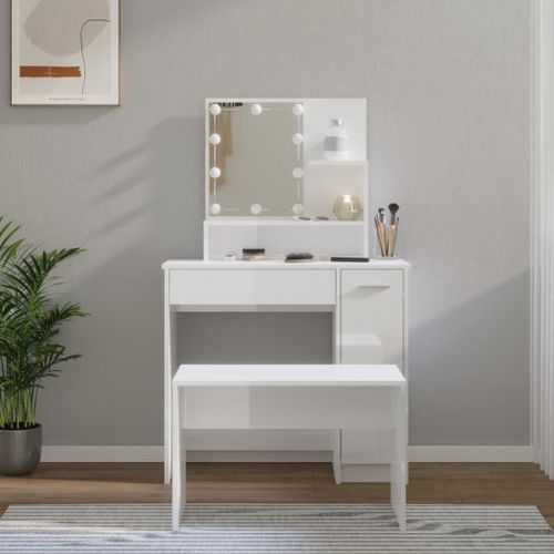 Vidaxl Ensemble De Coiffeuse Avec Led Blanc Brillant Bois D'ingnierie