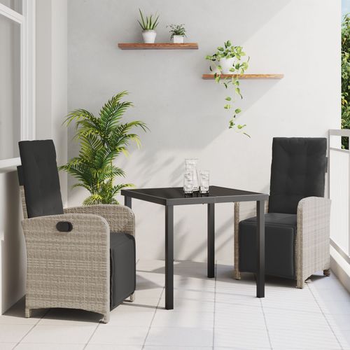 Vidaxl Ensemble De Salle  Manger De Jardin 3 Pices Avec Coussins En Rattan Poly Gris Clair, Table De Jardin Vidaxl Noire 80x80x73 Cm En Verre Tremp