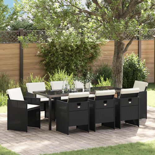 Vidaxl Ensemble Salle  Manger 9 Pices Avec Coussins En Rotin Noir, Table Jardin Vidaxl Noire 200x80x73 Cm En Verre Tremp