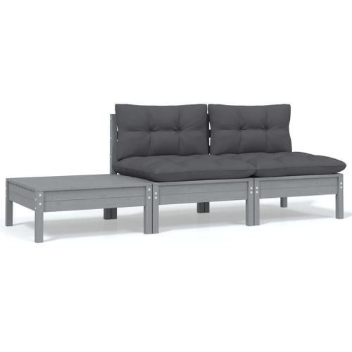 Vidaxl Salon De Jardin 3 Pcs Avec Coussins Gris Bois De Pin Massif