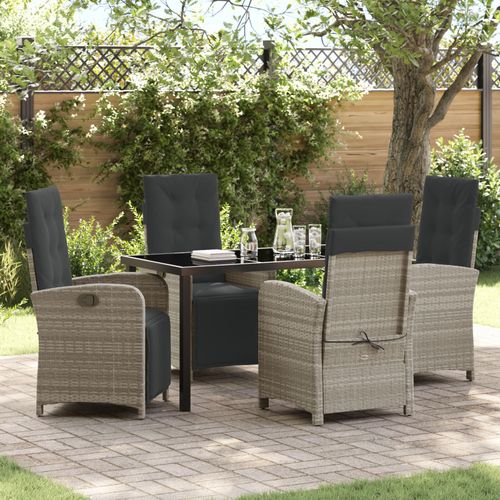 Vidaxl Set De Jardin 5 Pices Avec Coussins En Rotin Gris Clair, Vidaxl Table Noire 140x80x73 Cm En Verre Tremp