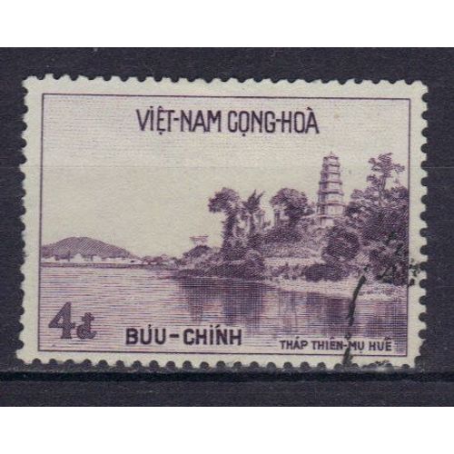 Vietnam Du Sud 1959 : Pagode Thieu-Mu,  Hu - Timbre 4 Pi. Violet Fonc Oblitr