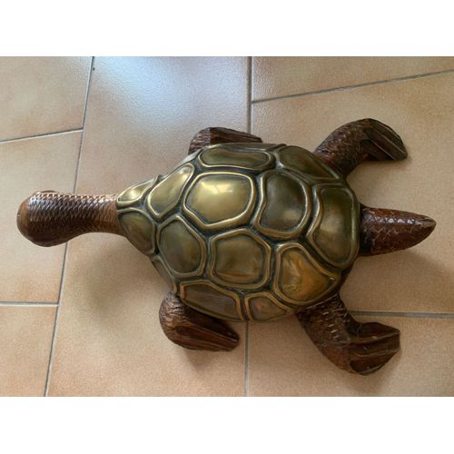 Vintage - Sculpture Tortue En Bois (La Carapace En Laiton)