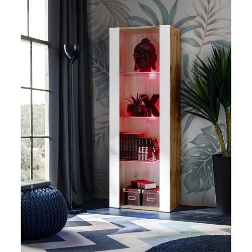 Vitrine Armoire Komodee Tivoli - Led Rvb - Blanc Et Bois Naturel - 55 X 159 X 35 Cm