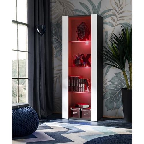 Vitrine Armoire Komodee Tivoli - Led Rvb - Blanc Et Noir - 55 X 159 X 35 Cm