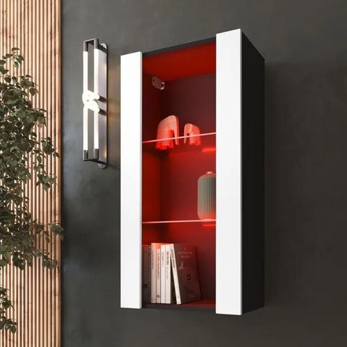 Vitrine Murale Komodee Tivoli - Led Rvb - Blanc Et Noir - Facades En Mat - 50 X 100 X 29 Cm
