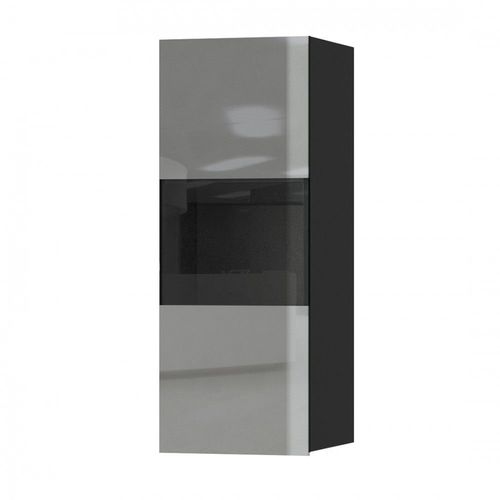 Vitrine Suspendue, 1 Porte Vitre Avec Led Intgre Collection Zante. Coloris Noir Et Gris Brillant.