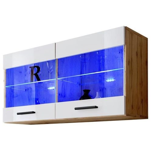 Vitrine Armoire Savona Komodee - Led Bleues - Blanc Brillant Et Bois Naturel - Facades En Brillant - 100 X 50 X 30 Cm