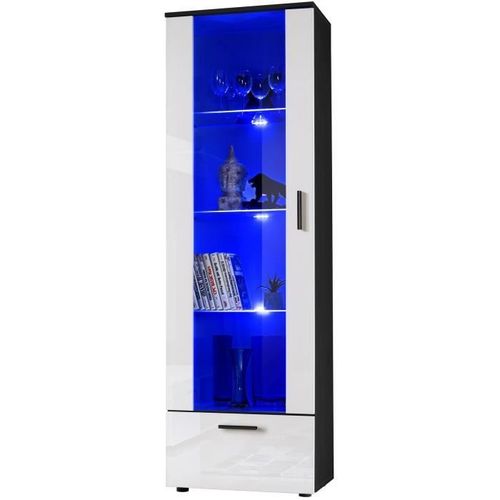 Vitrine Armoire Alessandria Komodee - Led Bleues - Blanc Brillant Et Noir - Facades En Brillant - 60 X 192 X 42 Cm