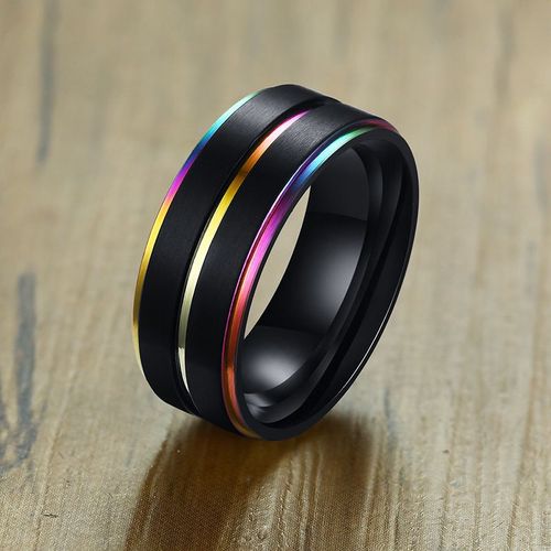 Vnox 6/8mm Bague Noire Pour Hommes Femmes Rainure Arc-En-Ciel En Acier Inoxydable, Bandes De Mariage, Bagues Frres  La Mode, Bijoux Masculins Dcontracts