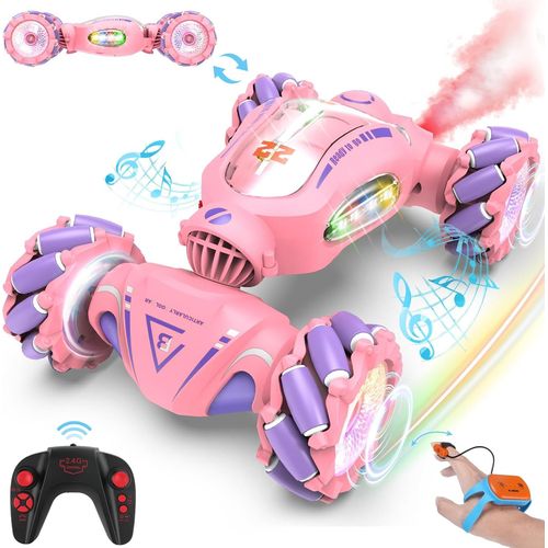 Voiture Tlcommande Cadeau Fille 6 7 8 9 10 Ans,1:18 Voiture RC avec Pulvrisateur lumire LED 360 Rotation Voiture Cascadeur,2.4Ghz 4WD RC Car Jouets Fille Garcon Enfant 6-12 Ans,Rose