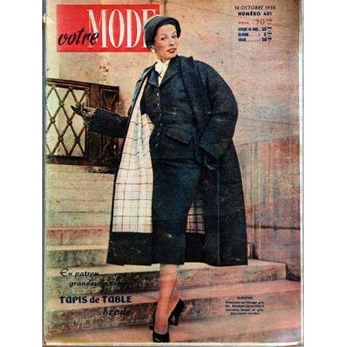 Votre Mode N 451 Du 13/10/1955 - En Patron Grandeur Exacte   - Tapis De Table Brode - Manguin   - Ensemble En Lainage Gris Fer   - Manteau Reversible A Carreaux Blanc Et Gris   - (Reproduction Interdite) - Nos Modeles Pour Les Grandes Tailles   -...